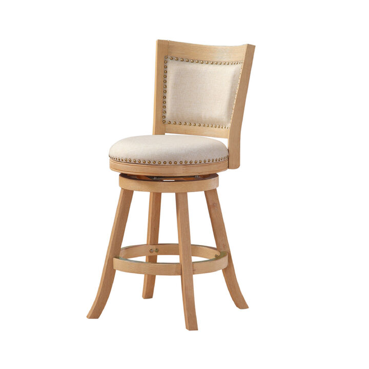 Kia 24 Inch Solid Wood Swivel Counter Stool, Curved Panel Back, Brass Nailheads, Ivory - Benzara