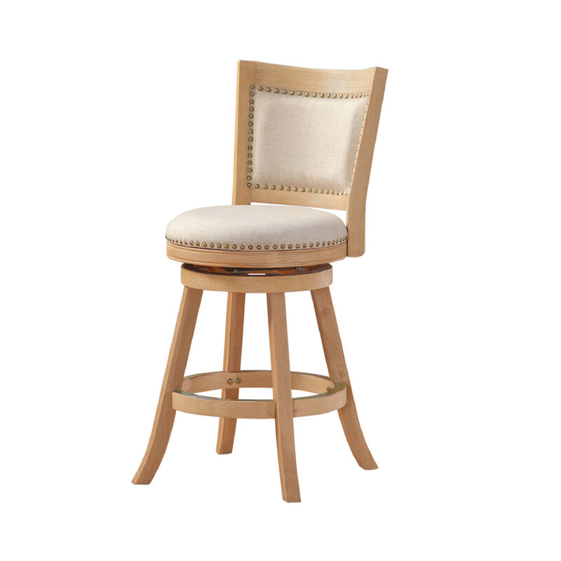 Kia 24 Inch Solid Wood Swivel Counter Stool, Curved Panel Back, Brass Nailheads, Ivory - Benzara
