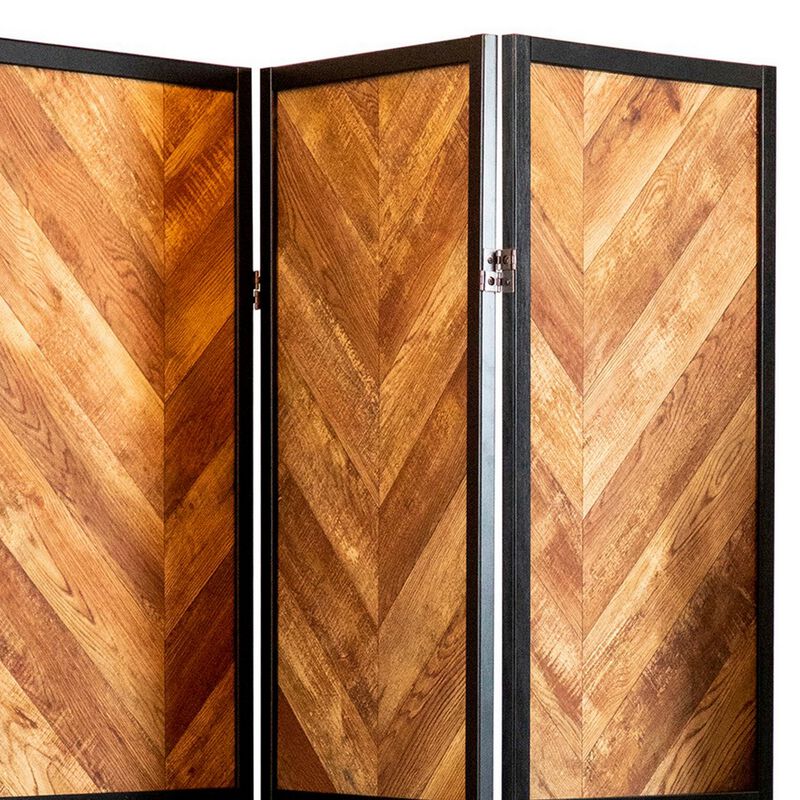 70 Inch Modern 3 Panel Folding Room Divider, Herringbone Pattern, Brown-Benzara