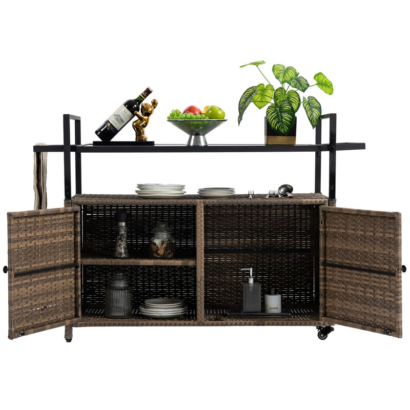 Outdoor Wicker Bar Cart with Glass Top