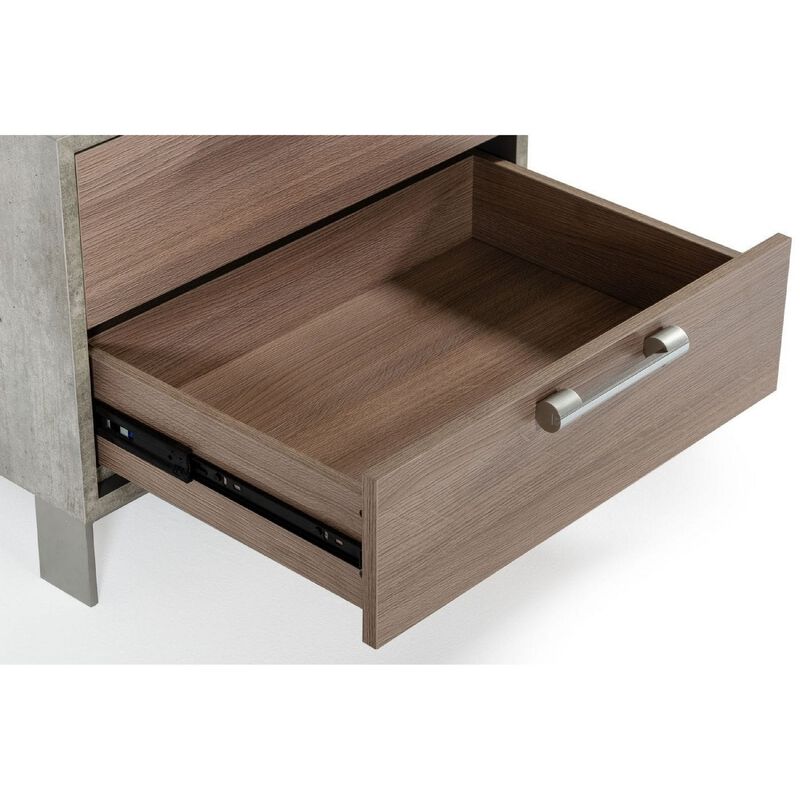 Noe Billy 26 Inch Nightstand, 2 Drawers, Gray Faux Concrete, Oak Laminate -Benzara