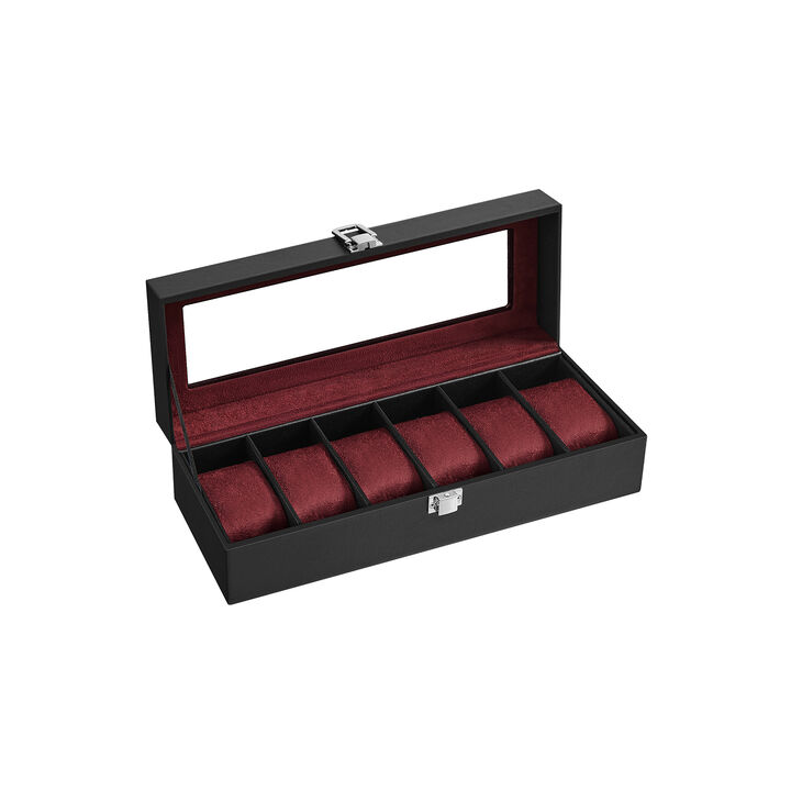 6-Slot Watch Box Men's Case with Glass Top, Lockable Display Organizer