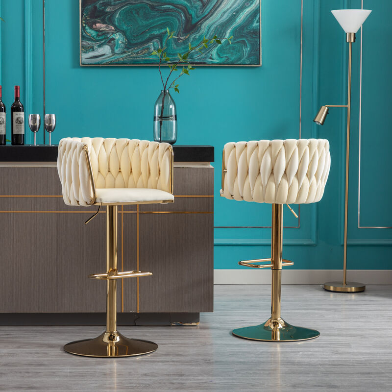 Set of 2 Bar Stools, with Chrome Footrest and Base Swivel Height Adjustable Mechanical Lifting Velvet + Golden Leg Simple Bar Stoo, Ivory