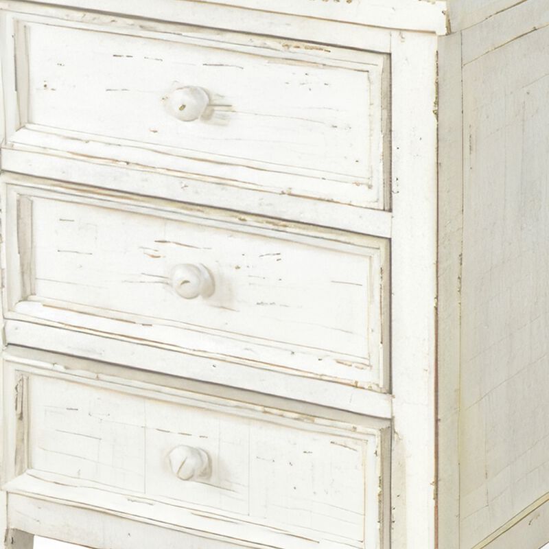 Rena Side End Table with 3 Drawers, 19 Inch Rustic White Mahogany Wood - Benzara
