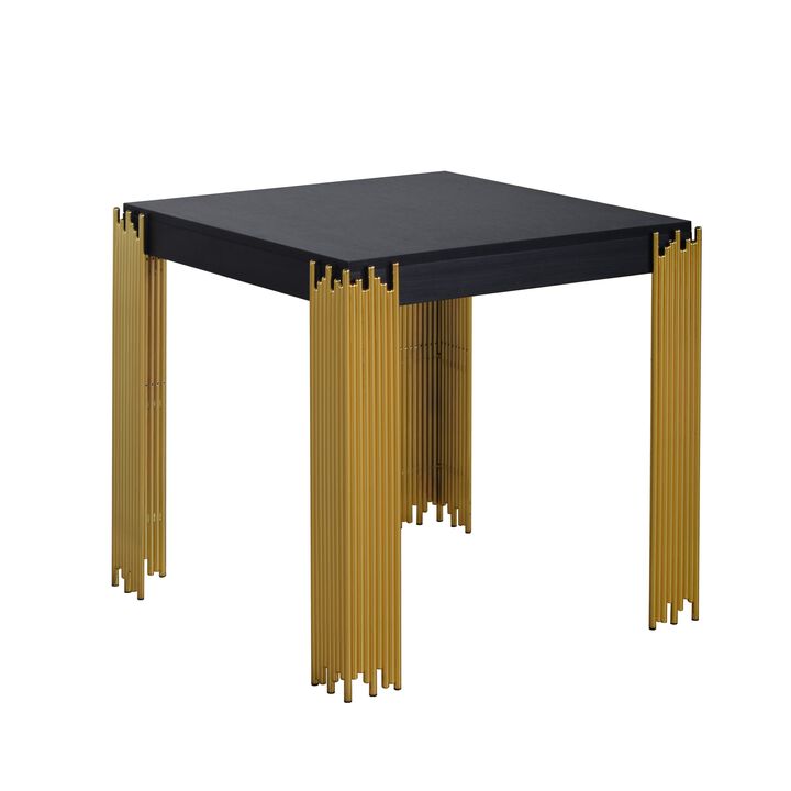 Theo Side End Table, Retro Gold Metal Legs, Black Wood, Square 25 Inch - Benzara