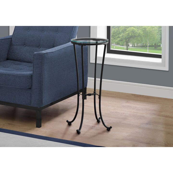Monarch Specialties I 3332 Accent Table, Side, End, Plant Stand, Round, Living Room, Bedroom, Metal, Tempered Glass, Black, Clear, Contemporary, Modern