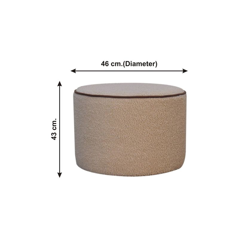 Solid Wood Boucle Round Footstool with Bufallo Leather Piping