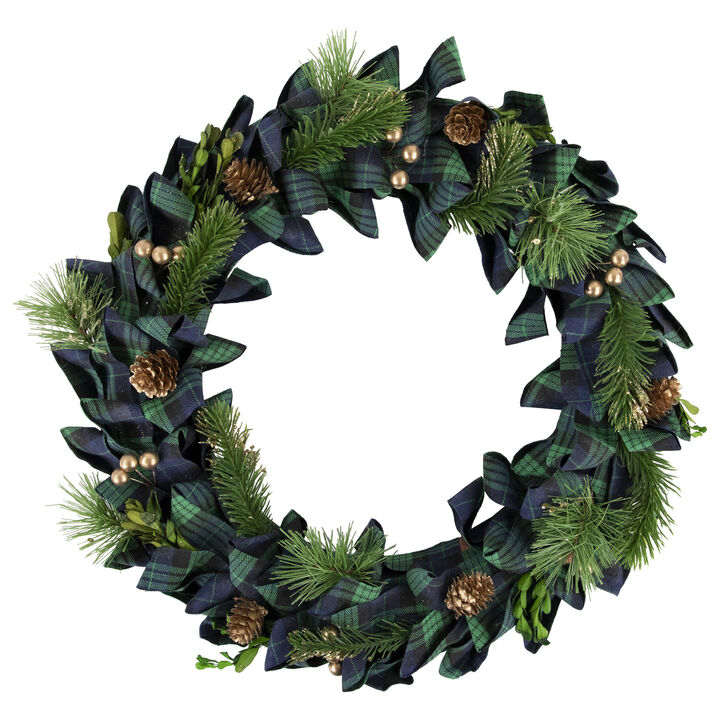 Blue and Green Plaid Bow Artificial Pine Christmas Wreath  17.75-Inch  Unlit