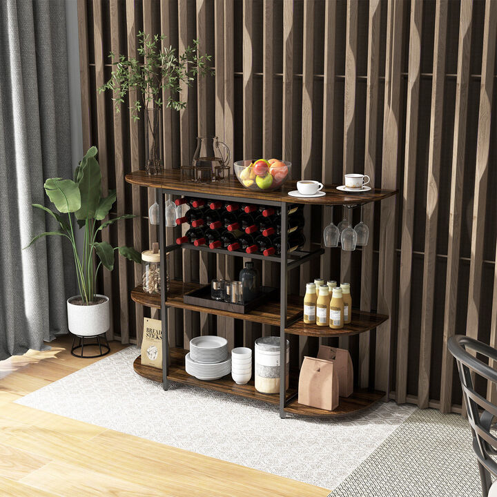 47 Inches Wine Rack Table with Glass Holder and Storage Shelves - Rustic Brown