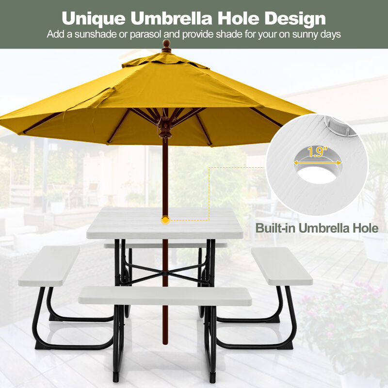 Outdoor Picnic Table with 4 Benches and Umbrella Hole