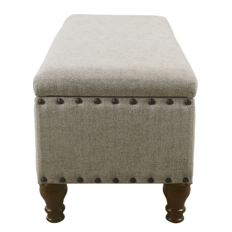 Textured Fabric Upholstered Wooden Storage Bench With Nail head Trim, Large, Beige and Brown - Benzara