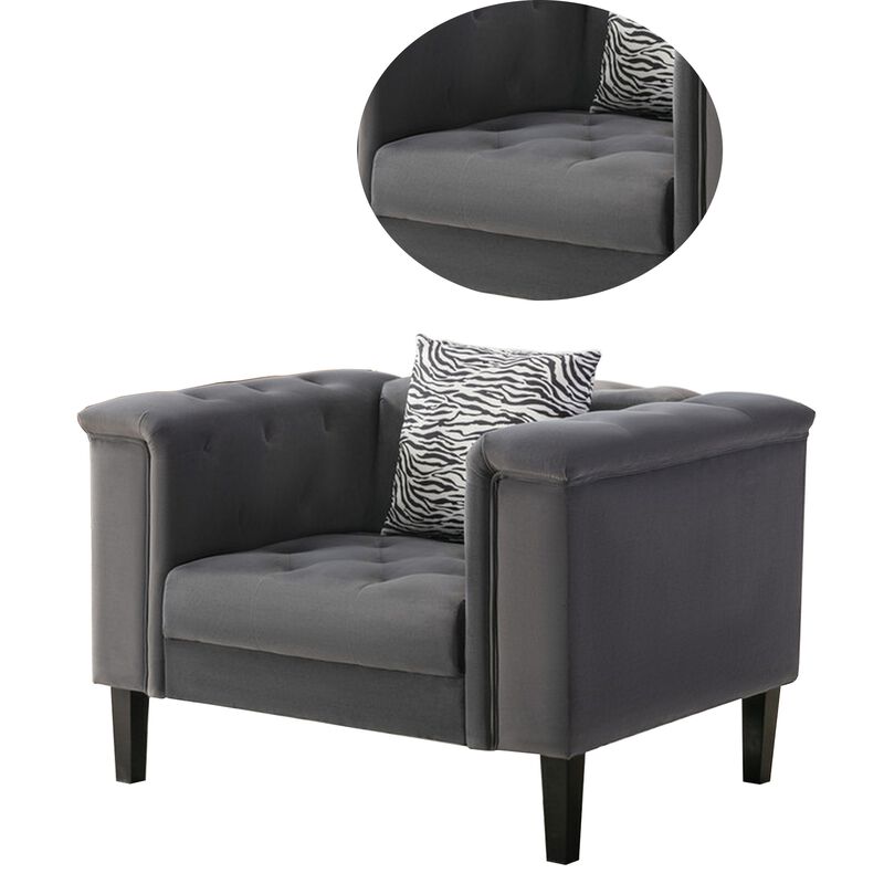 Aki 44 Inch Accent Chair with Pillow, Deep Button Tufted, Gray Velvet-Benzara