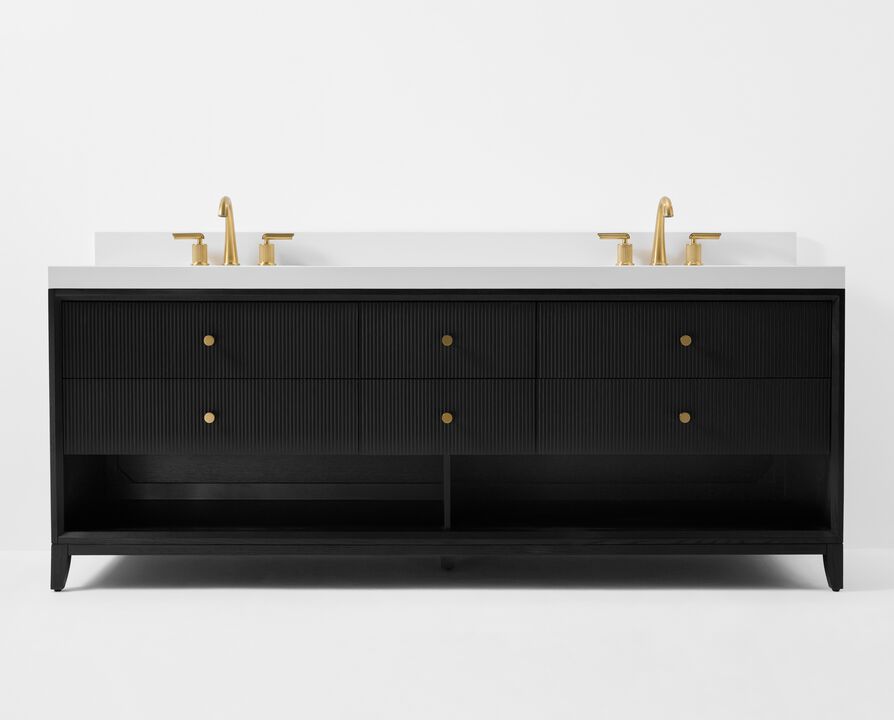 Momo 84 in. Dark Oak Bath Vanity Set with White Quartz Vanity Top and White Undermount Basin