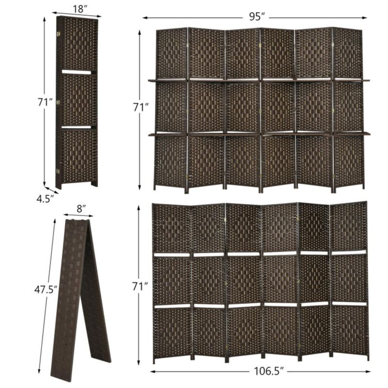 Hivvago 6 Panel Folding Weave Fiber Room Divider with 2 Display Shelves