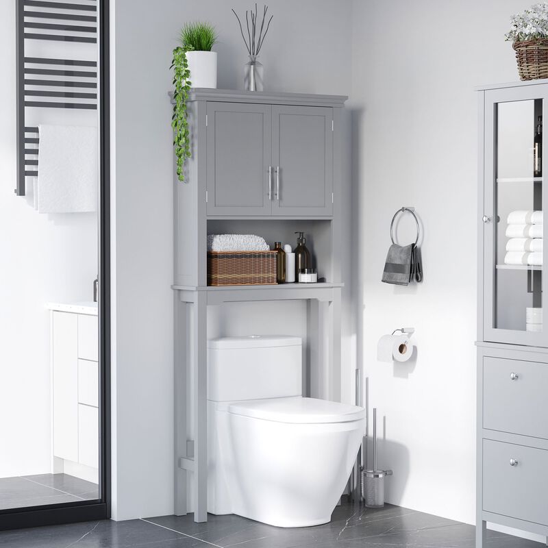Grey Bathroom Organizer: Modern Over Toilet Cabinet with Double Door