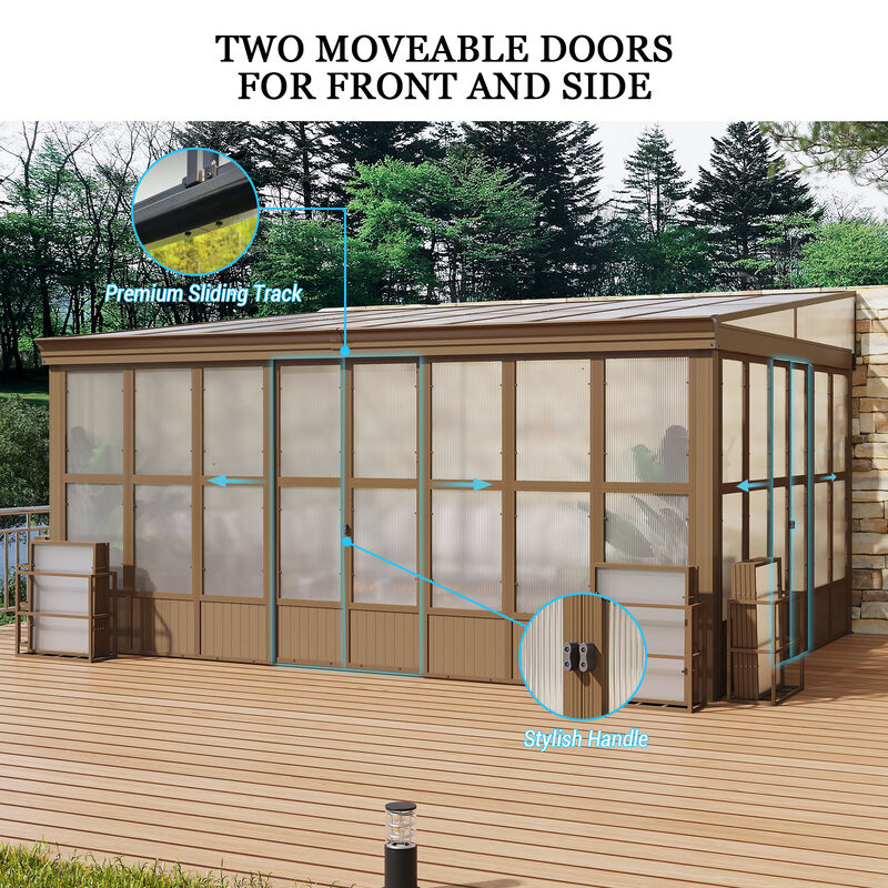MONDAWE Aluminum Lean to Sunroom 12x16FT, Wall Mounted Solarium with Sloping Polycarbonate Roof and Screens, 2 Lockable Sliding Doors