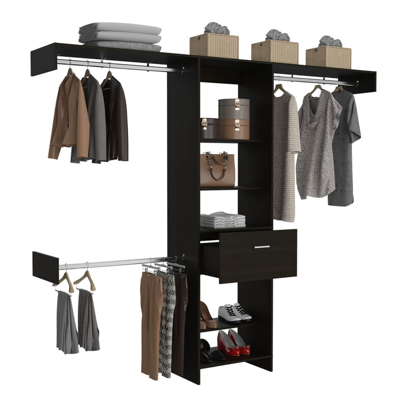 DEPOT E-SHOP Brisk Closet System, One Drawer, Three Metal Rods, Five Open Shelves, Black
