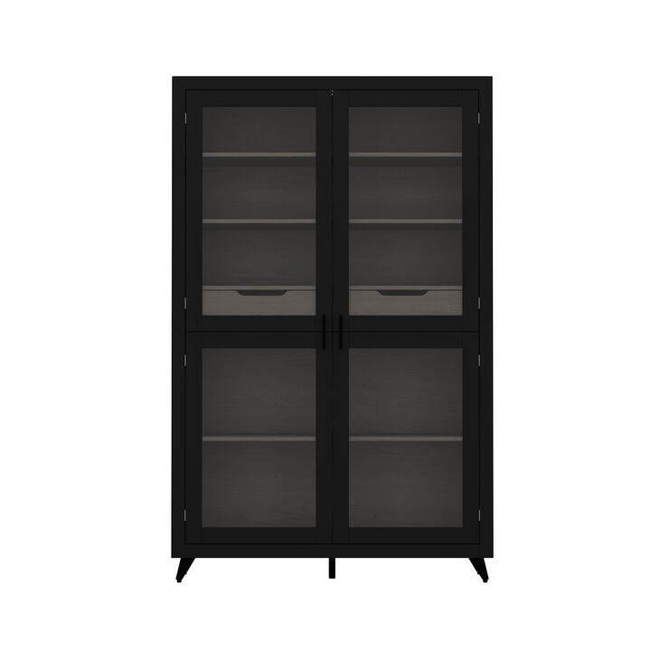 FUFU&GAGA Modern Glass Bookcase with Storage Drawers and Shelves, Tall Display Cabinet (47.2" W x 15.7" D x 74.8" H), Black