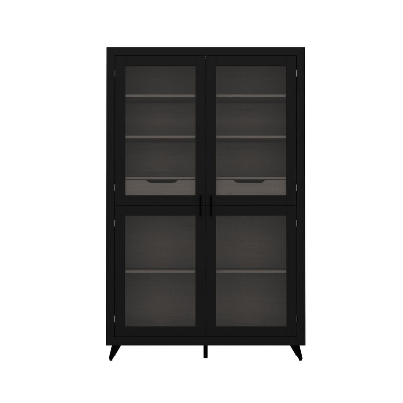 FUFU&GAGA Modern Glass Bookcase with Storage Drawers and Shelves, Tall Display Cabinet (47.2" W x 15.7" D x 74.8" H), Black