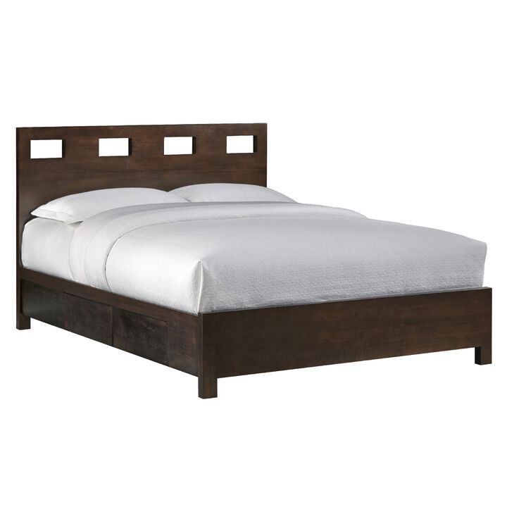 Yee Mahogany Wood Queen Bed with Storage, Panel Cut Out Design, Dark Brown - Benzara