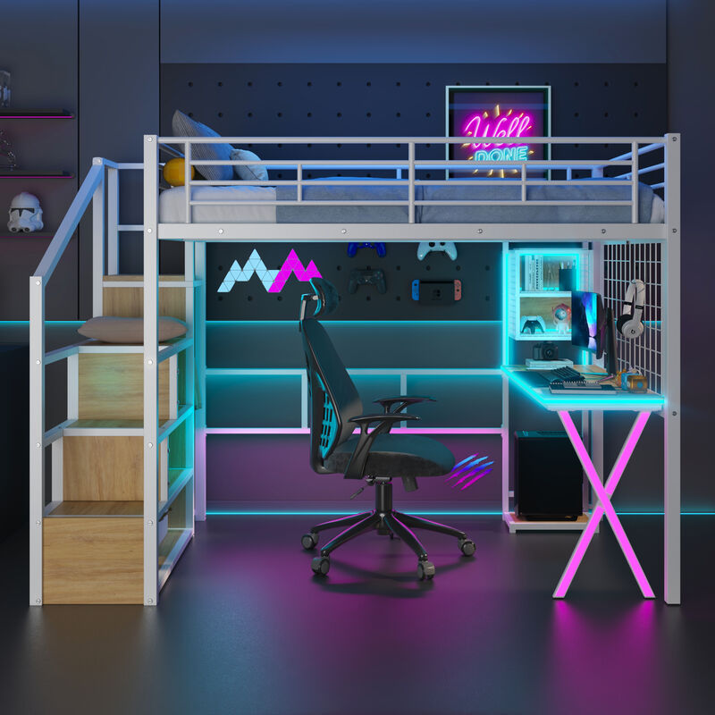 Merax Metal Loft Bed with LED and Storage Staircase
