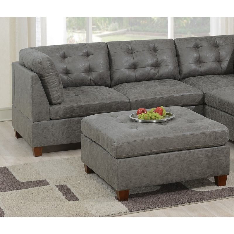 Tufted Cocktail Ottoman Antique Grey Breathable Leatherette 1 Piece Cushion Ottoman Seat Wooden Legs