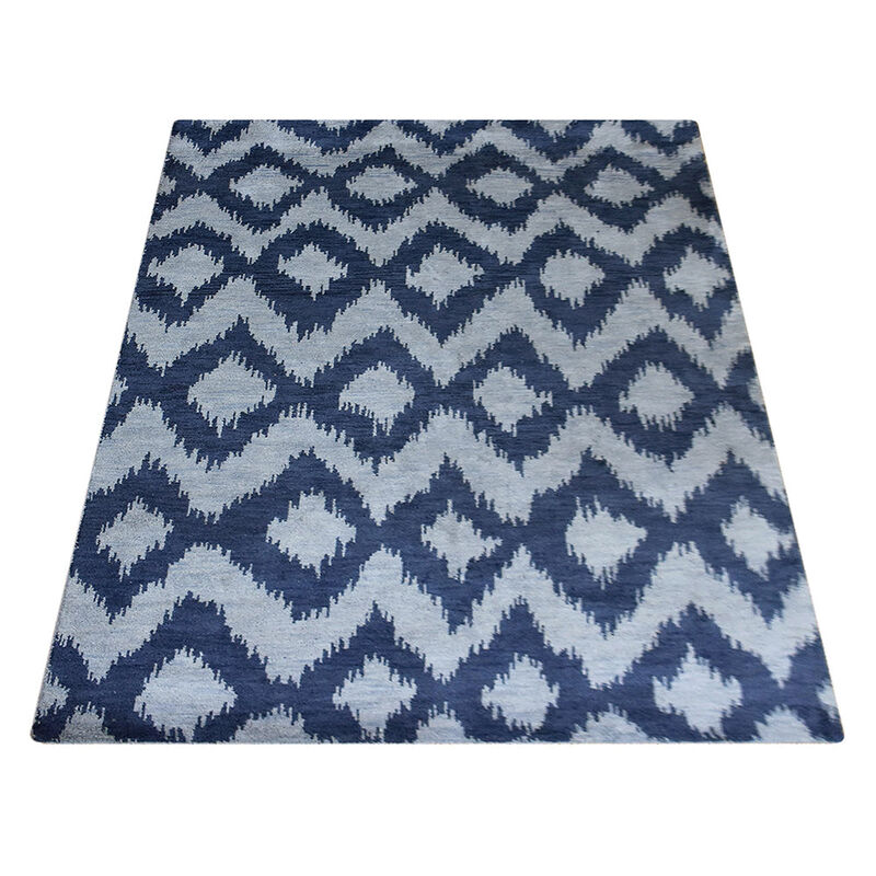 HAND KNOTTED WOOL Geometric AREA RUGS  - 8'x10', Rectangle Shape, Light Blue Blue Color, Geometric Modern, Medium Pile Handmade Area Rugs for Living Room, Bed Room (N00165)