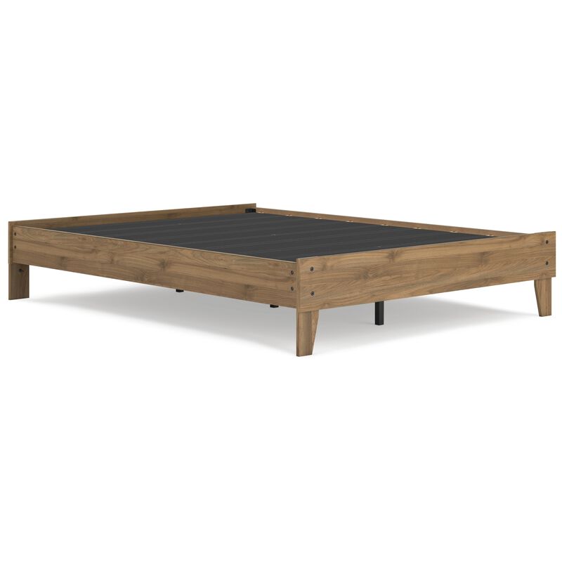 Deana Queen Platform Bed, Honey Brown Wood, Low Profile Tapered Legs - Benzara