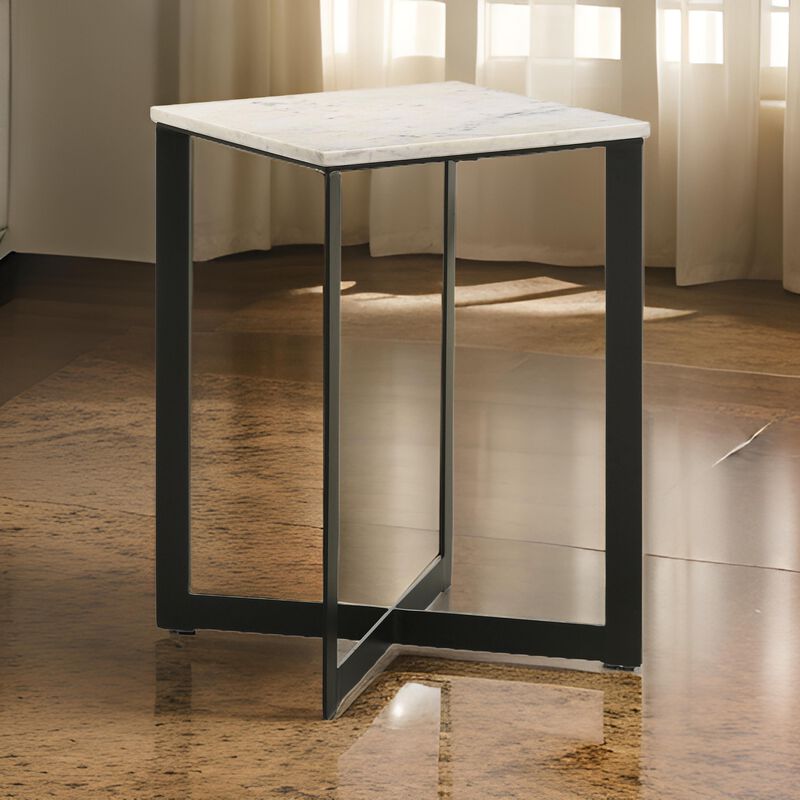 Sovi 24 Inch Side End Table, Square Marble Top, Black Metal Frame, White - Benzara
