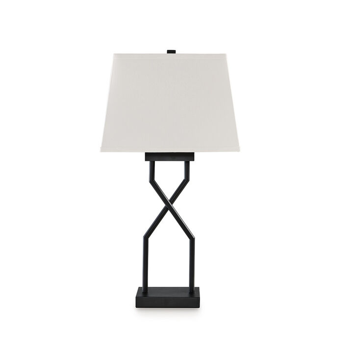 Table Lamp Set of 2, Empire Fabric Shade, Black Geometric Base w USB - Benzara