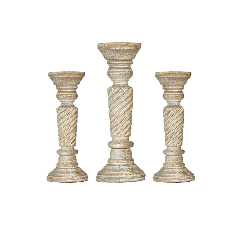 Traditional Antique White Eco-friendly Handmade Mango Wood Set Of Three 9",12" & 9" Pillar Candle Holder BBH Homes