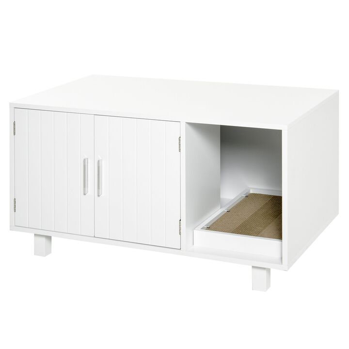 White Kitty Bathroom: Wooden Litter Box End Table with Scratcher