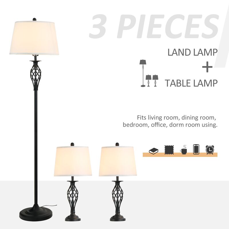 Black/White Illumination: 3-Piece Lamp Set with Floor and Table Lamps