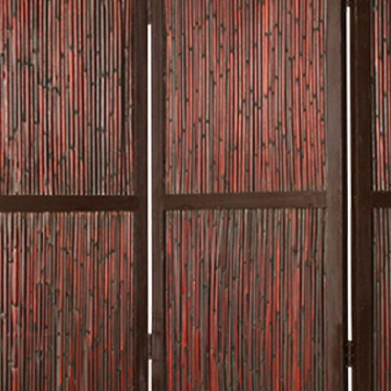 72 Inch 3 Panel Privacy Screen, Hardwood Frame, Bamboo Strips, Brown, Red-Benzara