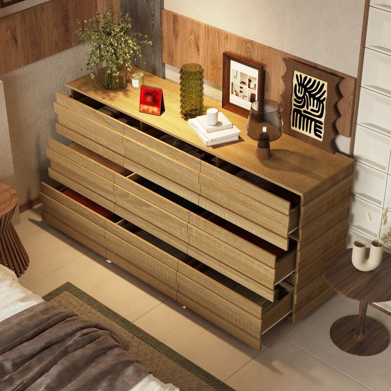 FUFU&GAGA Modern Walnut Wood Grain 9-Drawer Storage Cabinet (63" W x 15.7" D x 31.5" H), Walnut