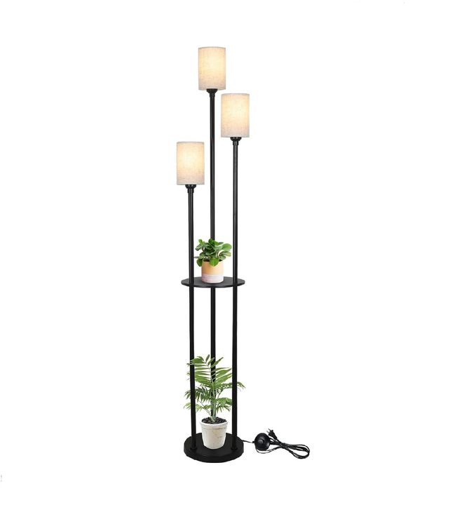 Floor Lamp with Shelves, Modern Floor Lamps for Living Room, 3-Lights Standing Lamp with Linen Shade and Foot Switch, Industrial Standing Lamps for Bedroom, Black Tall Table Lamp for Office