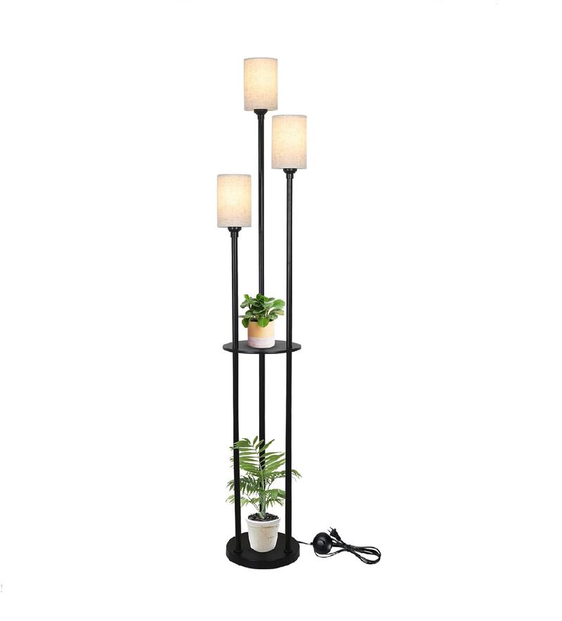 Floor Lamp with Shelves, Modern Floor Lamps for Living Room, 3-Lights Standing Lamp with Linen Shade and Foot Switch, Industrial Standing Lamps for Bedroom, Black Tall Table Lamp for Office