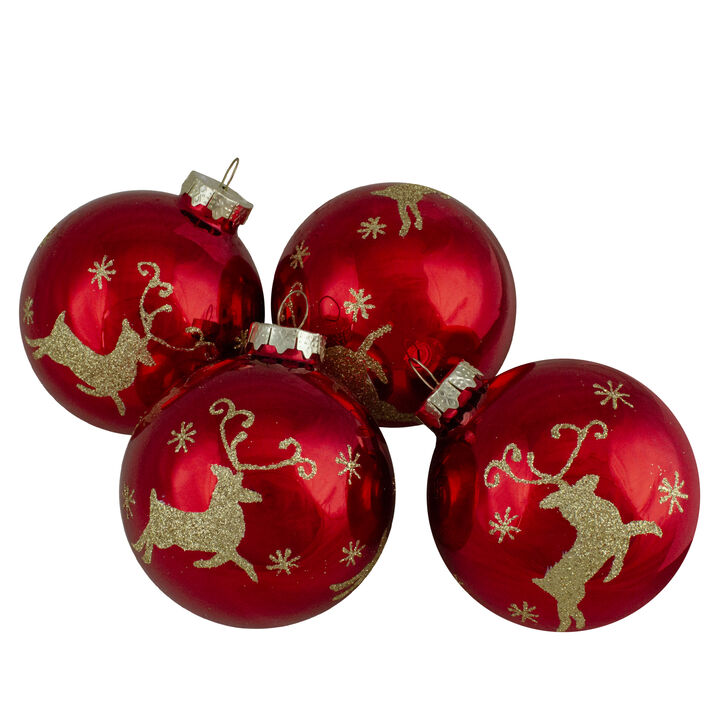 Set of 4 Red and Gold Deer Glass Ball Christmas Ornaments 3.25-Inch (80mm)