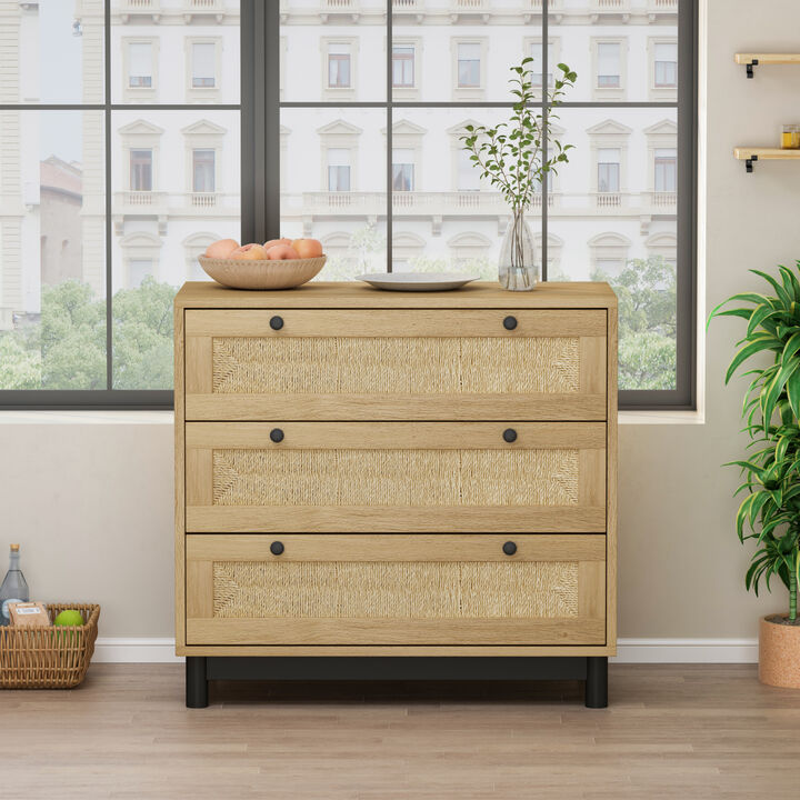 30" Oak 3-Drawer Woven Storage Cabinet for Multiple Rooms