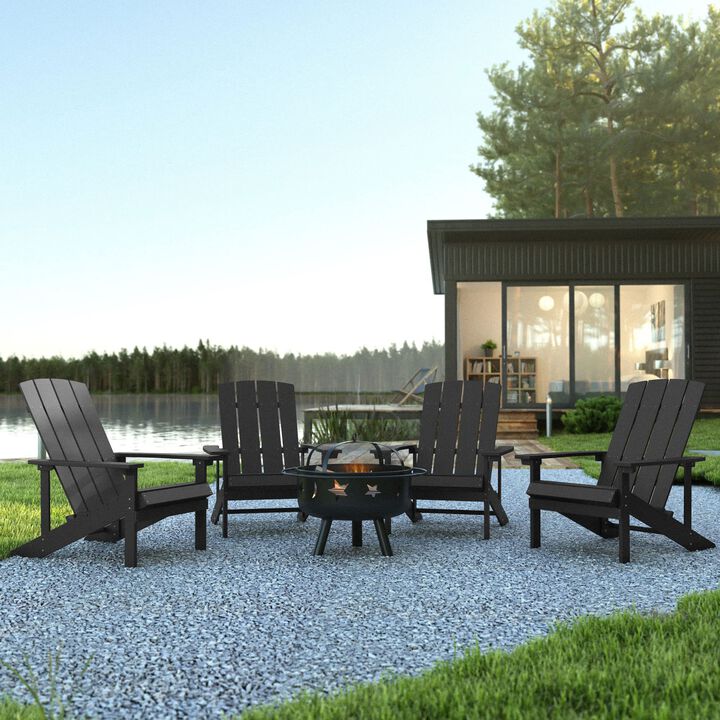 Flash Furniture 5 Piece Commercial Charlestown Adirondack Chair Set with Fire Pit - 4 Slate Gray Poly Resin Wood Chairs - Star and Moon Fire Pit with Mesh Cover