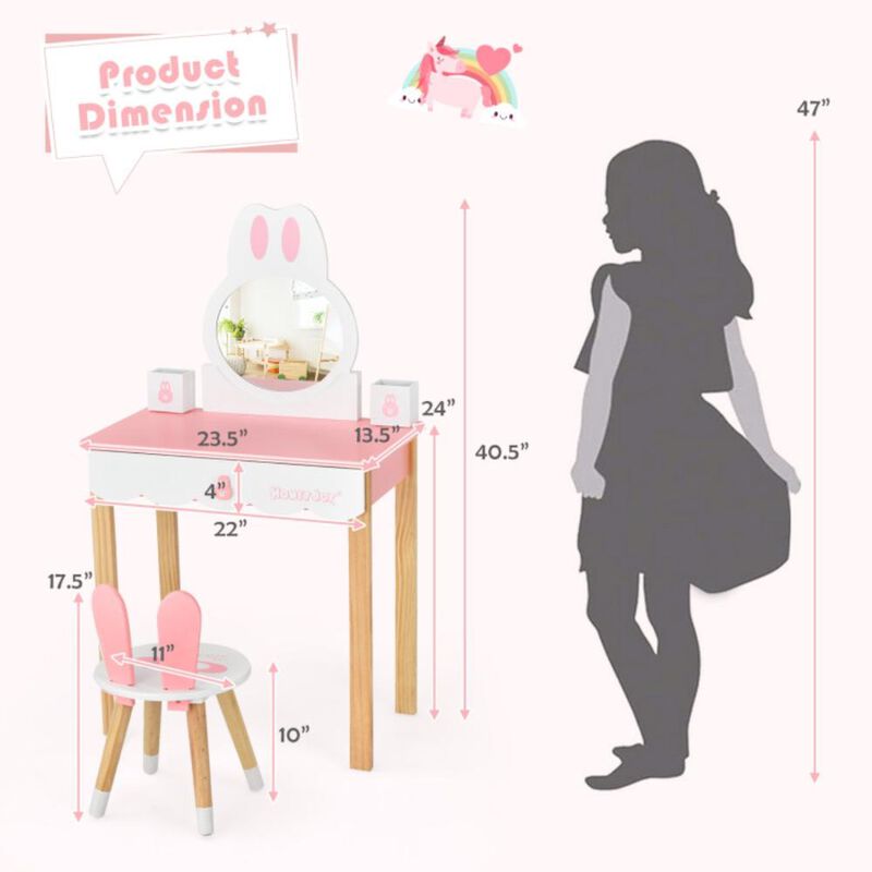Hivvago Kids Vanity Set Rabbit Makeup Dressing Table Chair Set with Mirror and Drawer