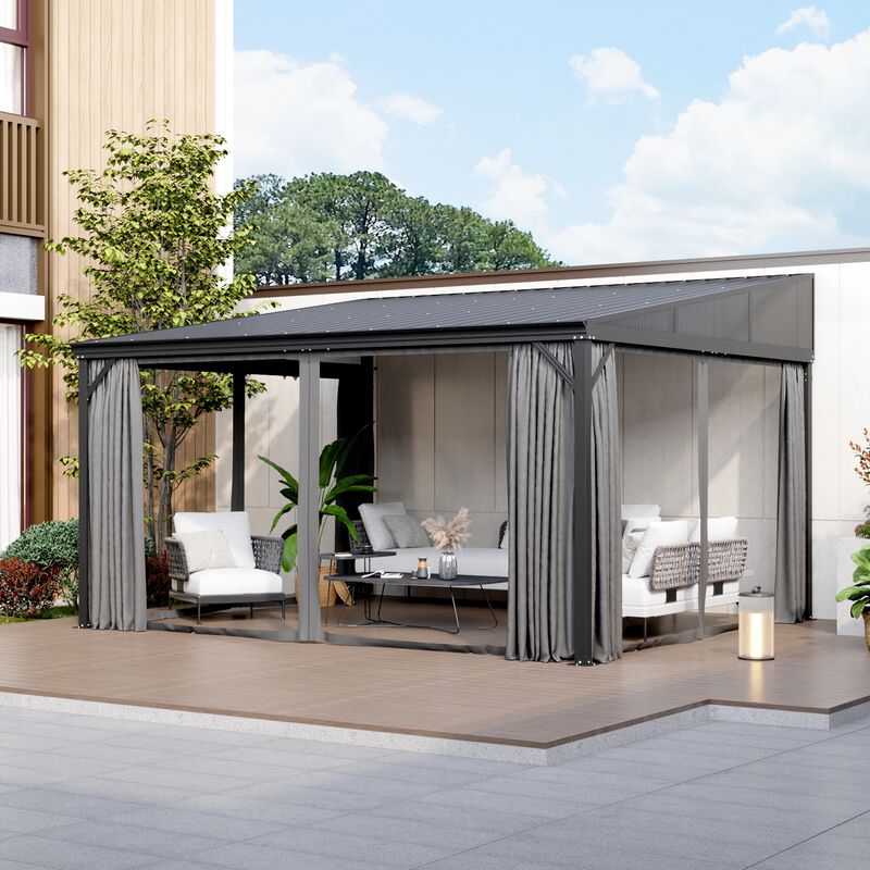 FUFU&GAGA Black Patio Lean-to Gazebo – Wall-Mounted Gazebo with Galvanized Steel Roof, Aluminum Frame, Mosquito Netting & Curtains, (165.7" L x 142.8" W x 103.4" H), Black