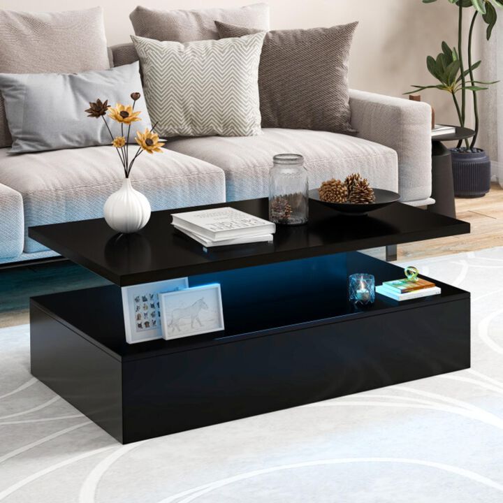 Hivvago Modern 2-tier High Glossy Table with Adjustable Light Colors for Living Room