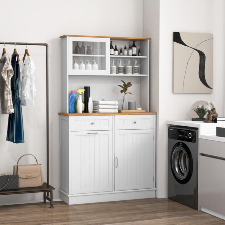 Hivvago Double Tilt Out Trash Cabinet with Hutch and Rubber Wood Countertop