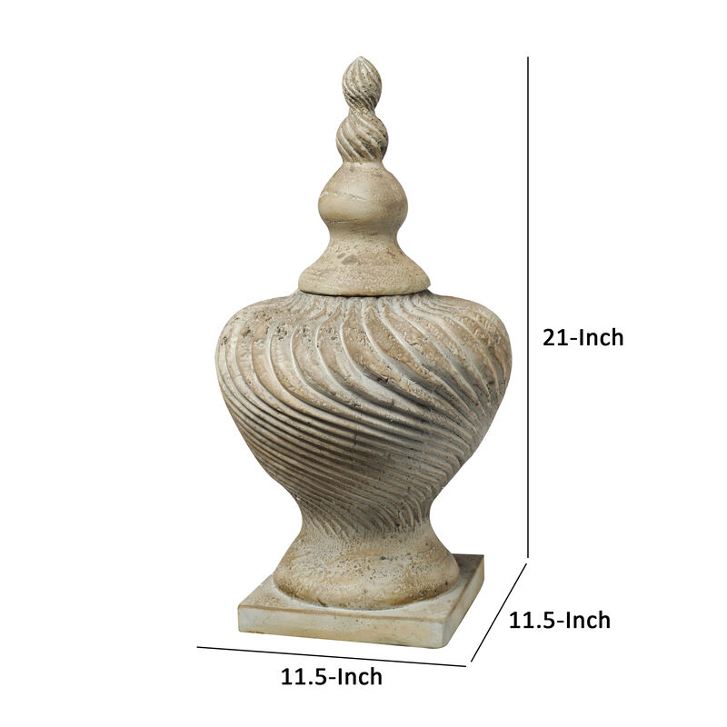22 Inch Lidded Vase with Turned Finial Design and Swirl Pattern, White-Benzara