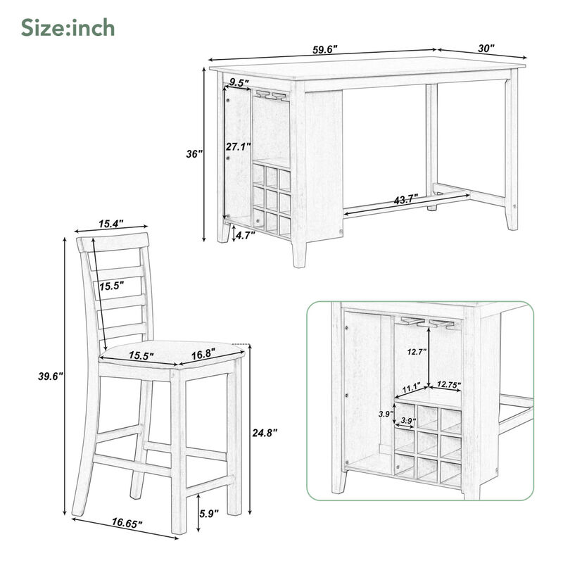 5-Piece Multi-Functional Rubberwood Counter Height Dining Set With Padded Chairs
