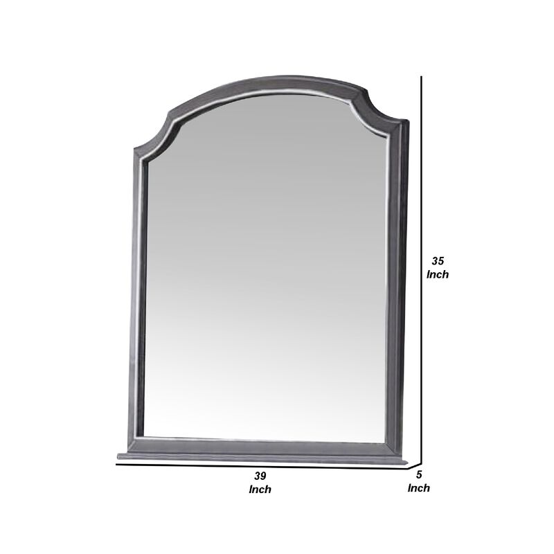39 Inch Wood Mirror, Scooped Corners, Silver Trim, Charcoal Gray-Benzara