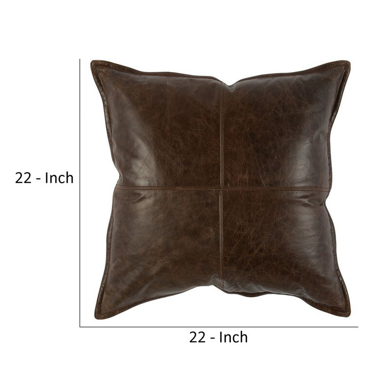 Square Leatherette Throw Pillow with Stitched Details, Dark Brown-Benzara