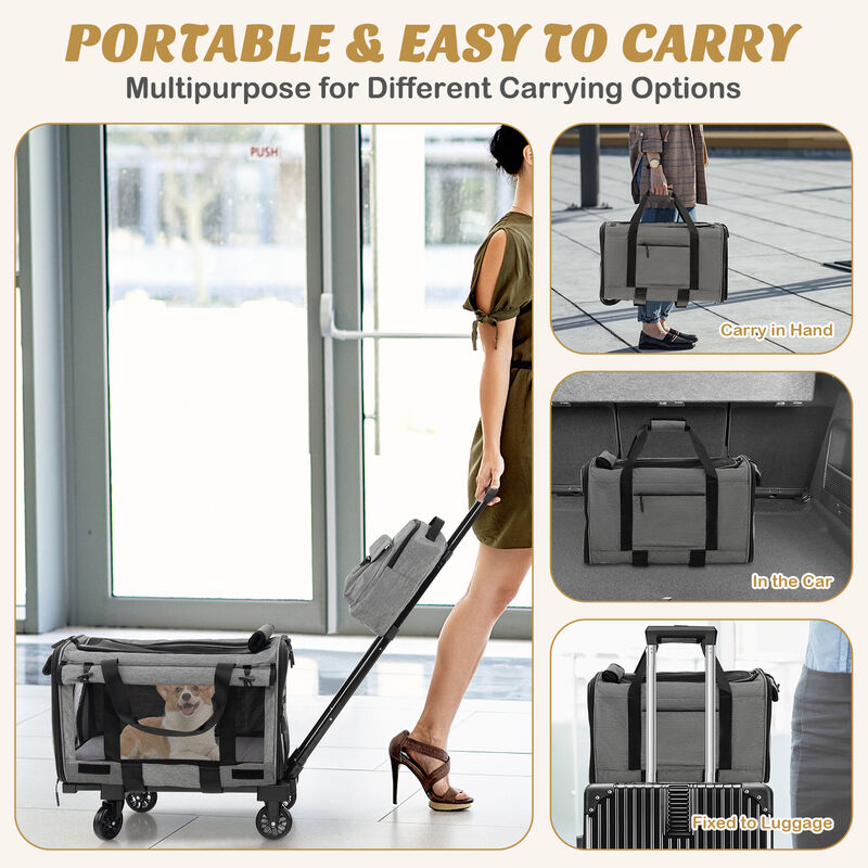 Rolling Cat Carrier with Dual-use Pads and Litter Bag-Grey