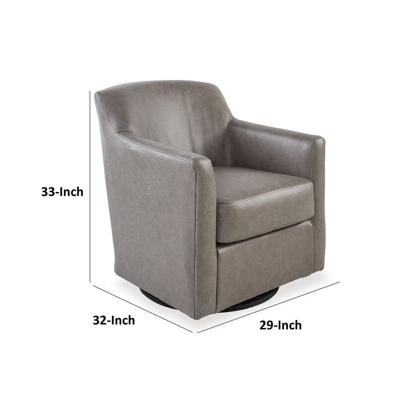 Leena Swivel Accent Chair, Plush Gray Genuine and Faux Leather, Black Metal - Benzara
